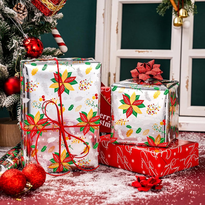 Yarcony Floral Christmas Wrapping Paper Rolls, Silver Christmas Wrapping Paper, Metllic Foil Poinsettias, Holly Berries, Winter Greens Pattern Holiday Gift Wrap for Celebration (17 Inch x 33 Feet) - Image 2